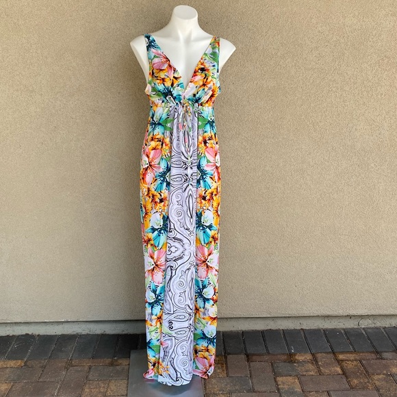 Sin Floral Print Long V-Neck Dress Cover-Up Caftan - Picture 2 of 5